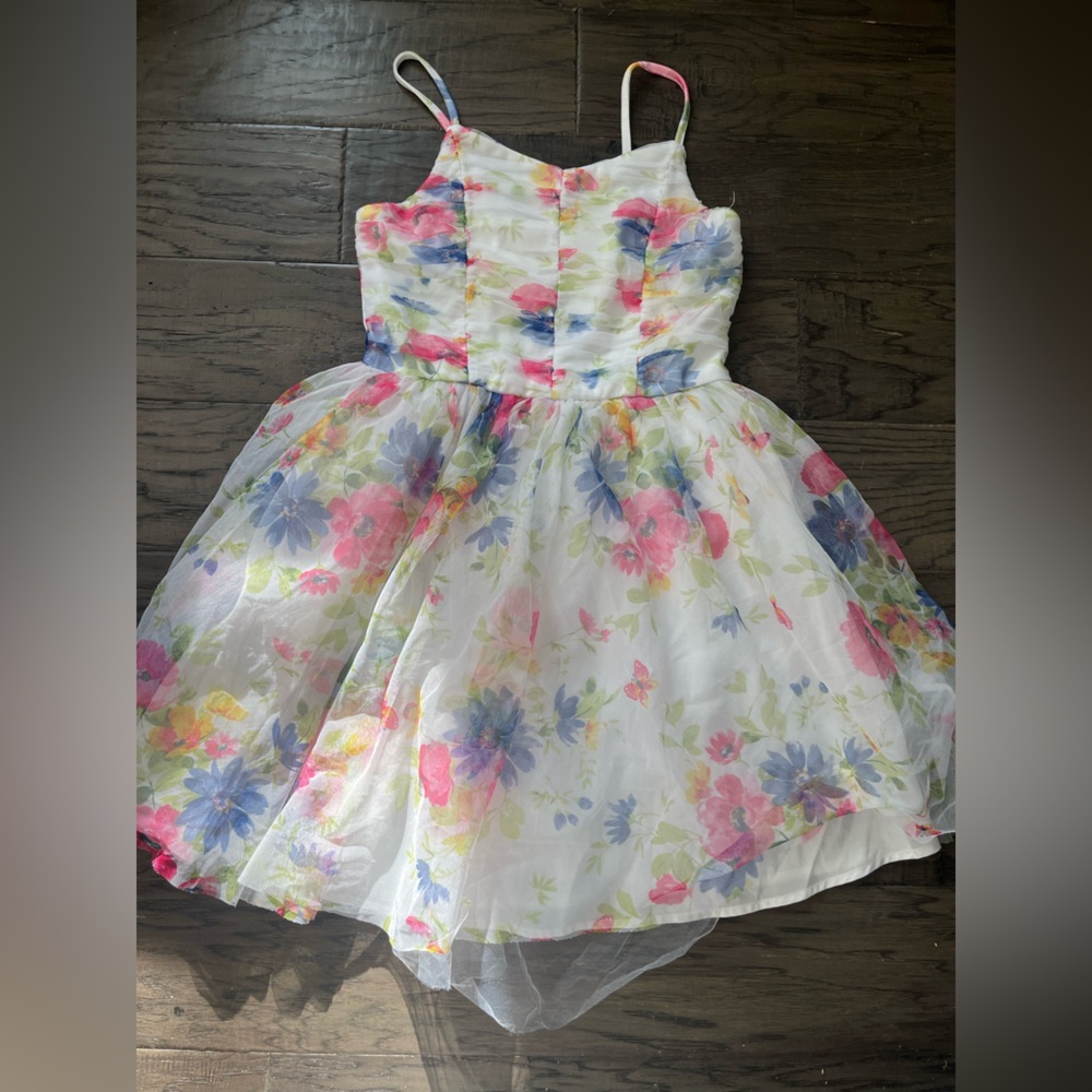 Girls White Floral Spaghetti-Strap Dress
